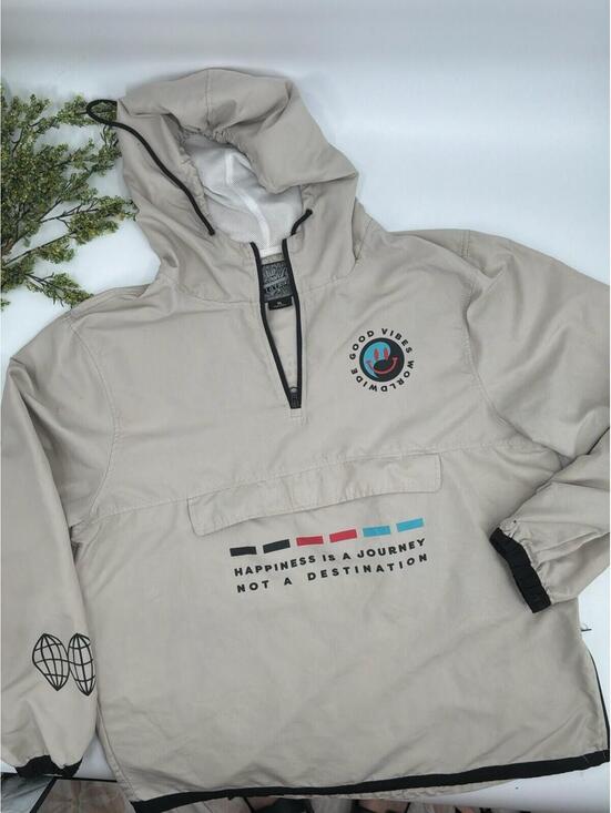 Brooklyn Cloth Other - Brooklyn Cloth Tan Hooded Happiness Journey Quote Windbreaker Mens Size Xl